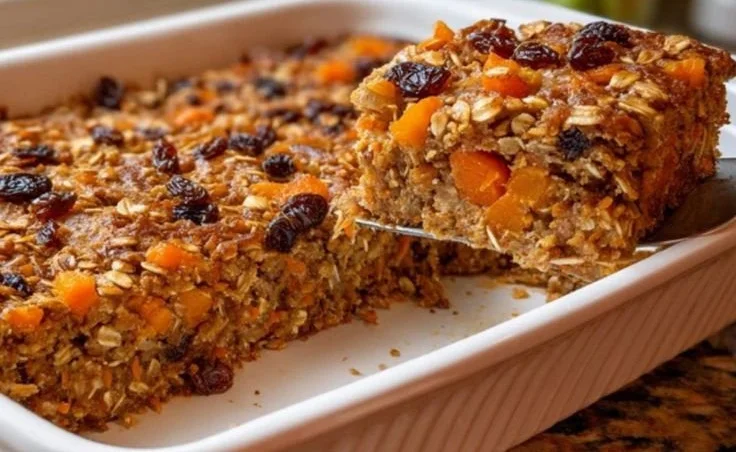High-protein carrot cake oat bake served on a plate for a quick breakfast.