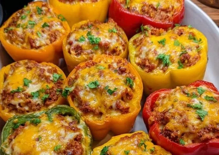 High-protein easy stuffed bell peppers on a plate garnished with herbs