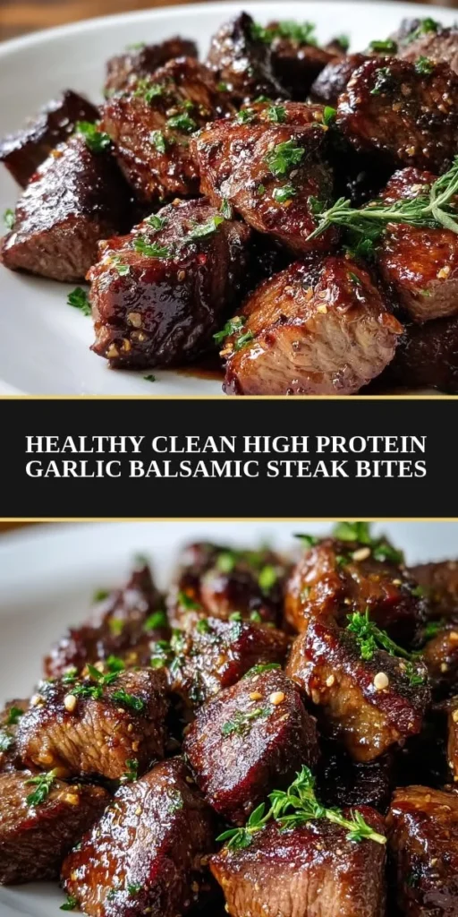 High-protein garlic balsamic steak bites served on a plate