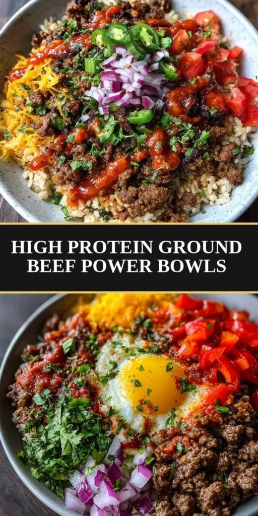 High Protein Ground Beef Power Bowls with fresh vegetables and grains
