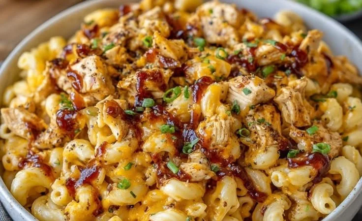 Creamy Honey BBQ Chicken Mac and Cheese topped with crispy chicken and BBQ sauce