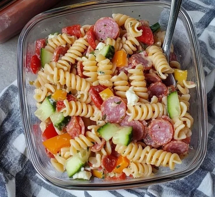 High-protein Italian pasta salad with vegetables and dressing