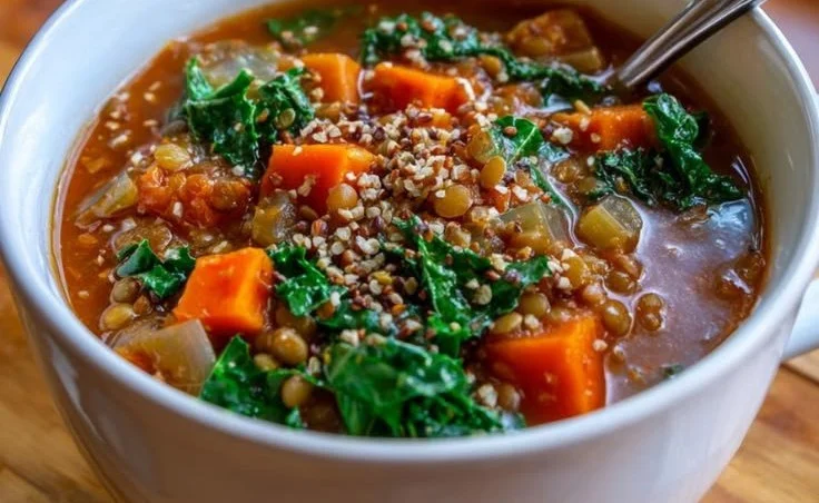 Delicious high-protein lentil soup in a bowl topped with fresh herbs
