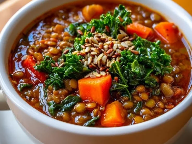 Bowl of high-protein lentil soup with 14 grams of protein, garnished with herbs