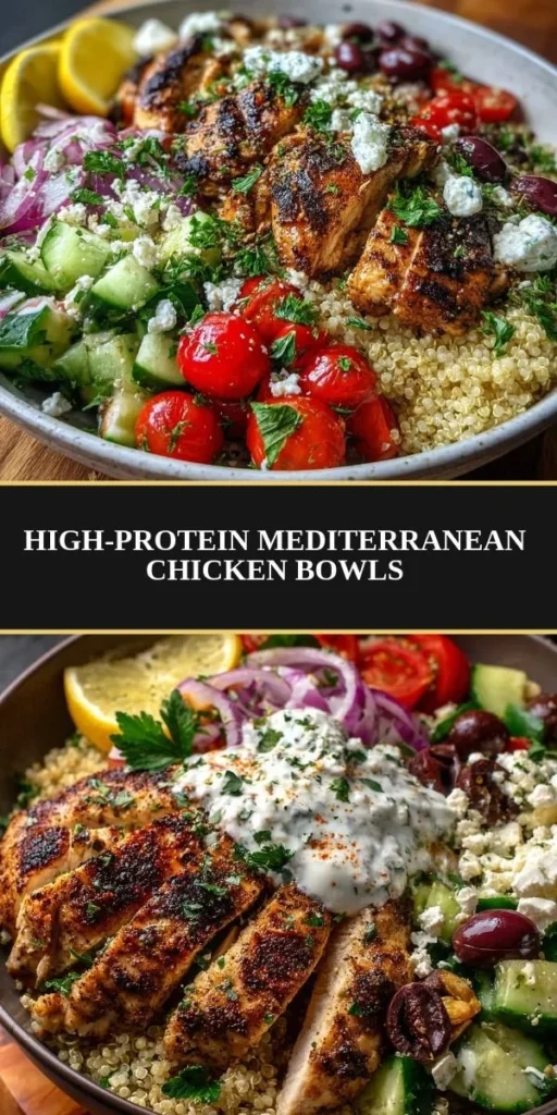 High-protein Mediterranean chicken bowls with fresh ingredients and toppings.