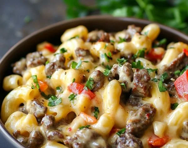 Delicious High-Protein Philly Cheesesteak Mac & Cheese served in a bowl