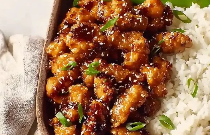 High-protein sesame chicken dish served with vegetables and sesame seeds.