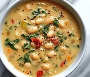 Bowl of high-protein white bean soup garnished with herbs