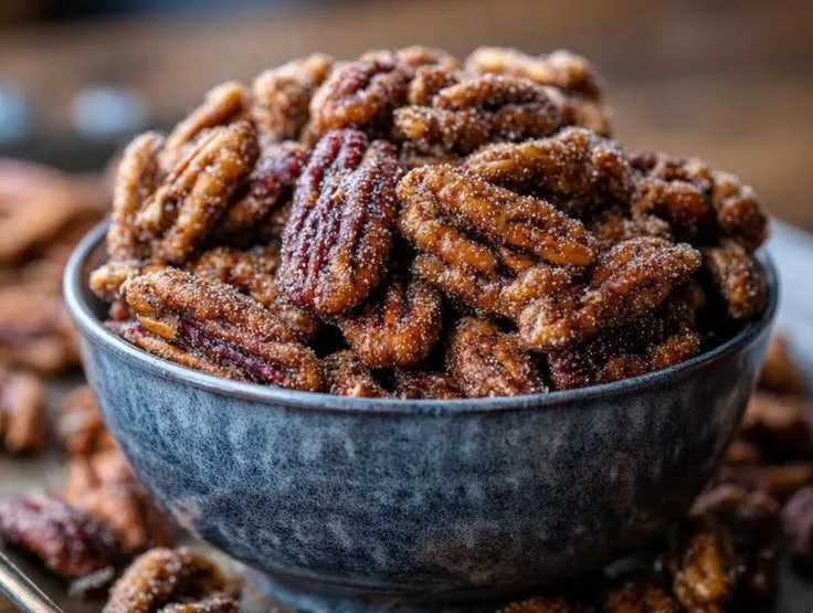 Bowl of homemade candied pecans with caramelized sugar coating