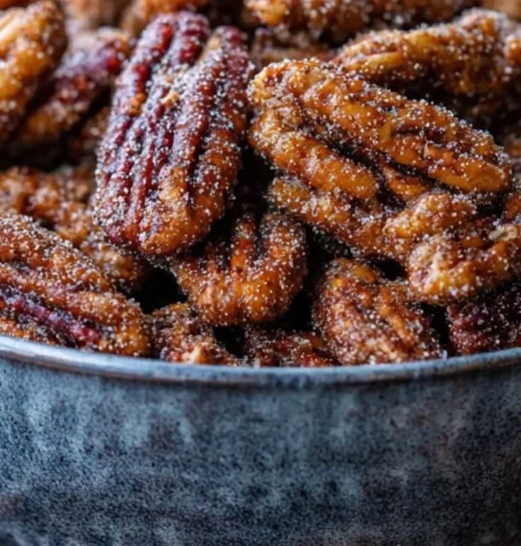 Homemade candied pecans on a baking sheet, ready to be enjoyed as a tasty snack.
