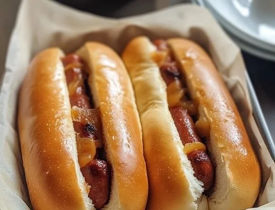 Freshly baked homemade hot dog buns ready for grilling.