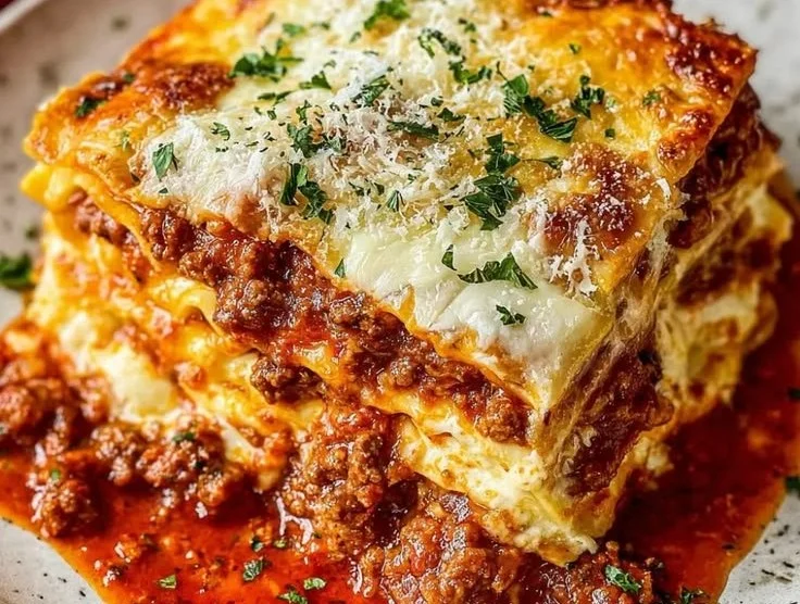 Delicious homemade lasagna topped with cheese and fresh herbs
