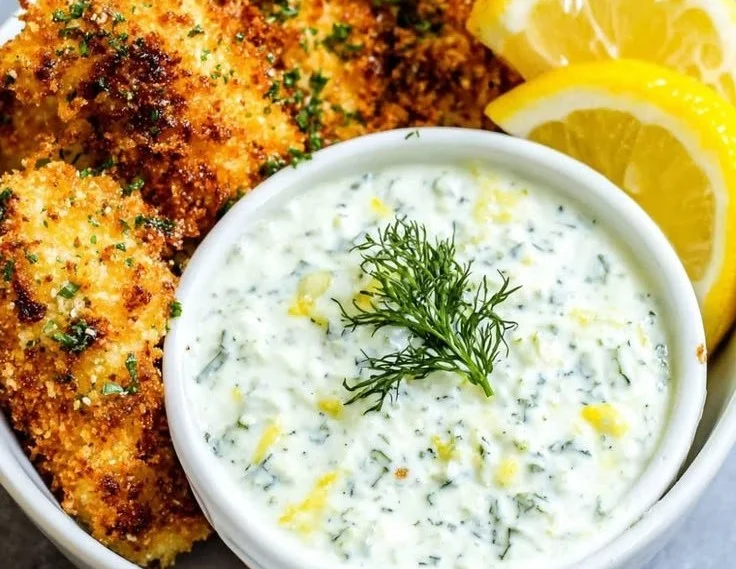Bowl of homemade tartar sauce next to fried fish and lemon wedges