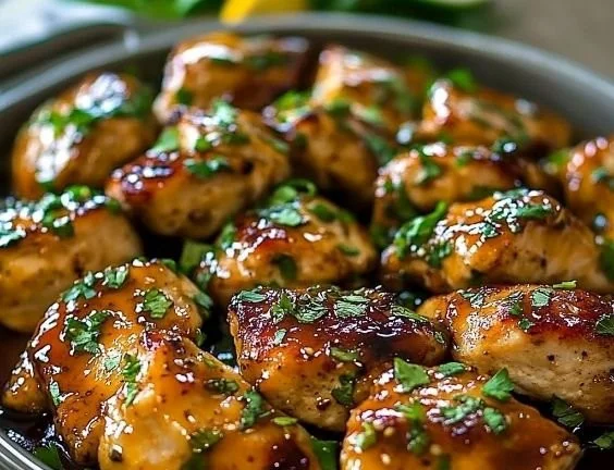 Delicious honey garlic chicken breasts served on a plate with herbs.
