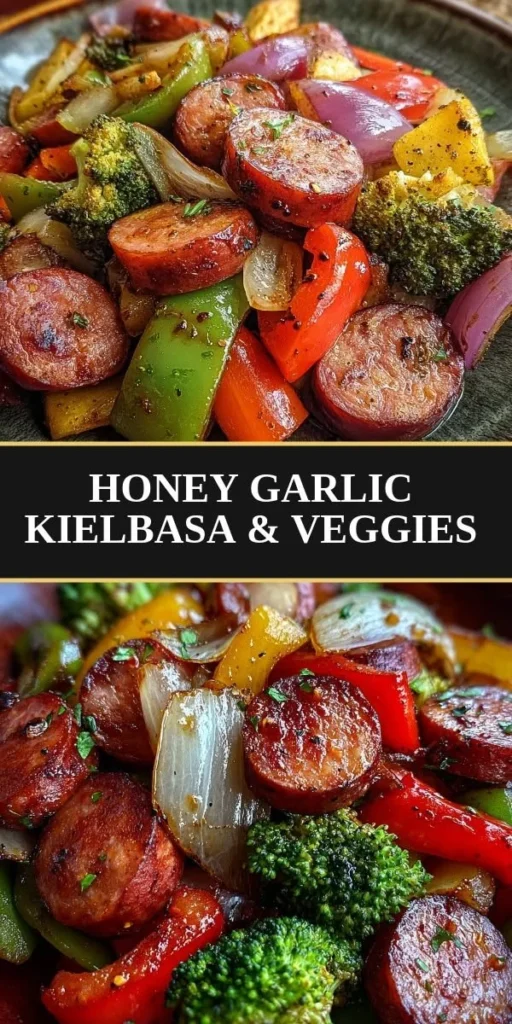 Honey Garlic Kielbasa with colorful veggies in a skillet
