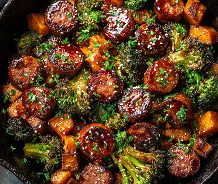Honey garlic sausage sheet pan dinner with sweet potatoes and vegetables