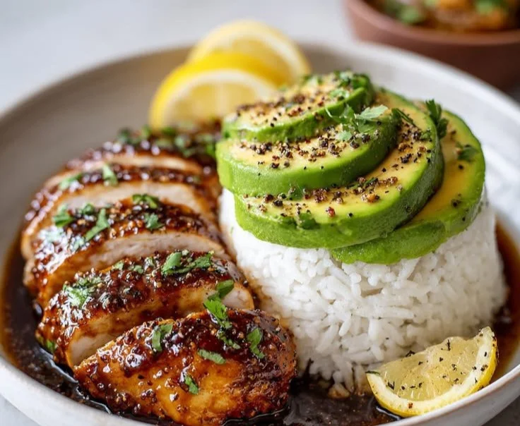 Honey Lime Chicken served on a bed of avocado rice with fresh herbs.