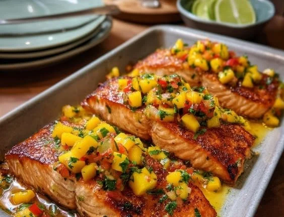 Plate of Honey Lime Salmon topped with fresh mango salsa