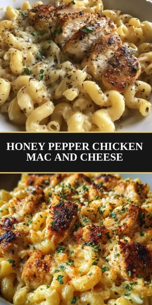 Honey Pepper Chicken Mac and Cheese topped with crispy chicken and cheese