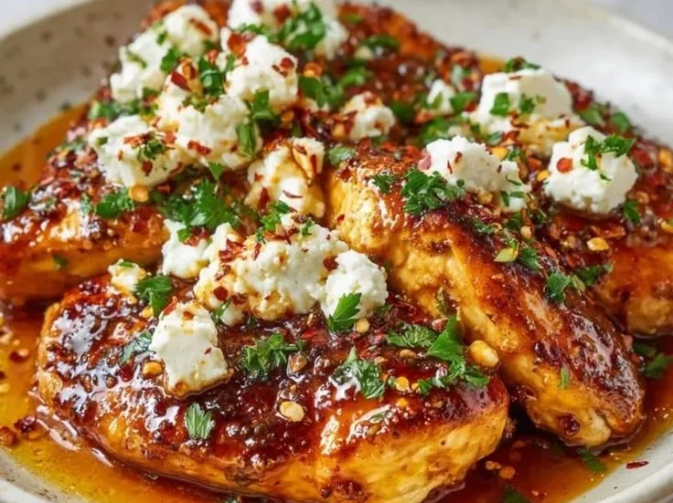 Delicious Hot Honey Feta Chicken topped with honey and feta cheese