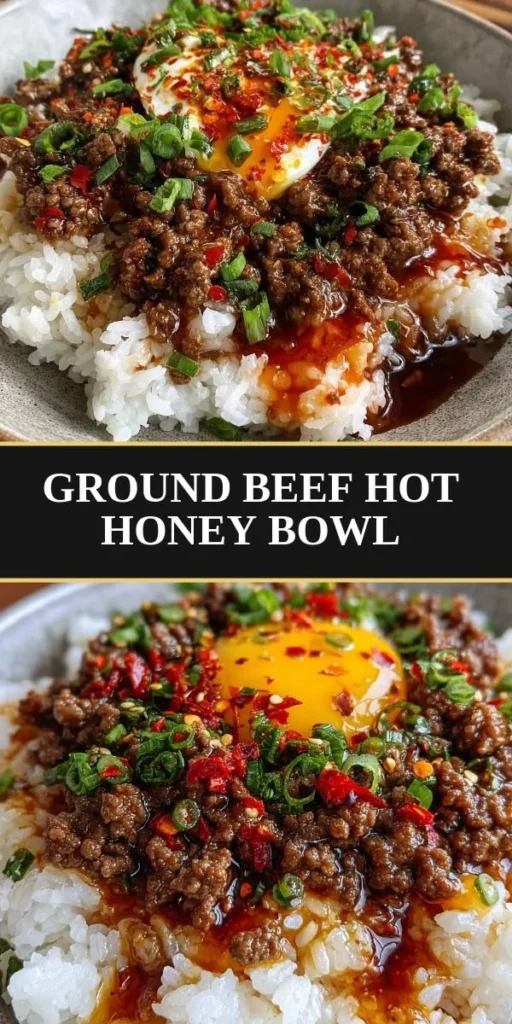Hot honey ground beef bowl with vegetables and rice served in a vibrant dish.
