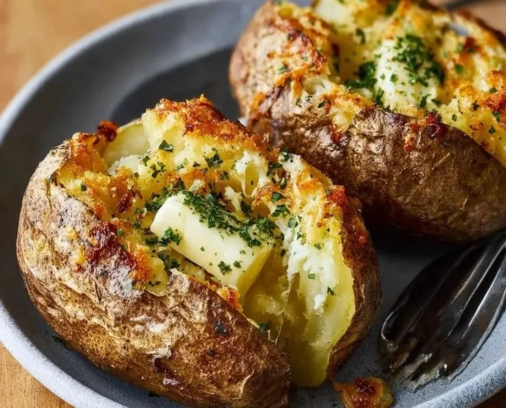 Crispy air fryer baked potatoes served with sour cream and chives.