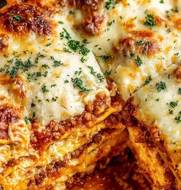 Homemade lasagna with layers of pasta, cheese, and marinara sauce