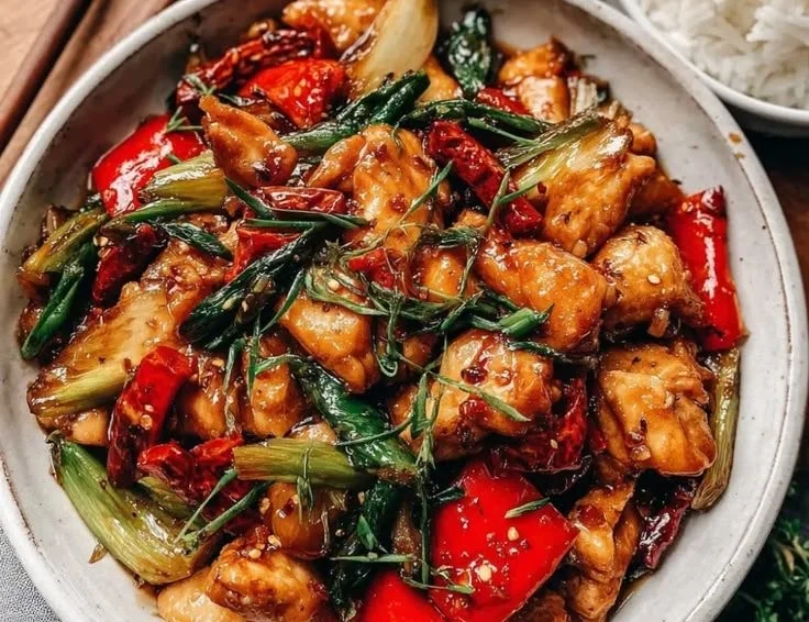 Delicious plate of spicy Hunan Chicken garnished with fresh vegetables.