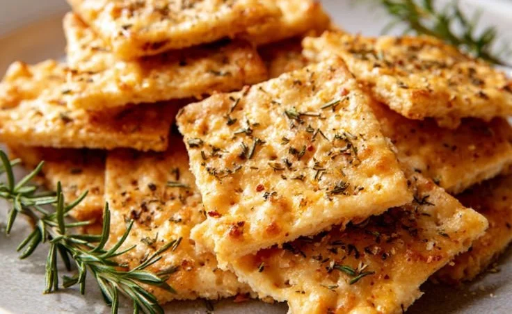 Homemade Cottage Cheese Crackers served on a wooden board with toppings.