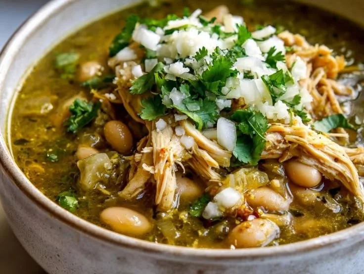 Delicious Green Chile Chicken Chili recipe ingredients and finished dish