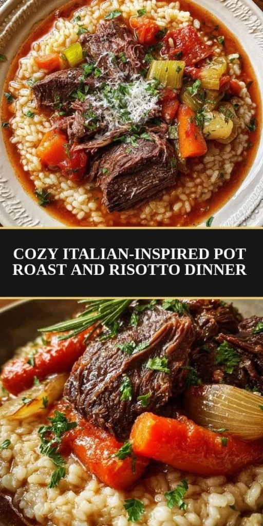 Plate of Italian pot roast served with creamy risotto on a rustic table.