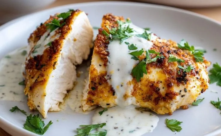 Juicy baked ranch chicken served with herbs and spices on a white plate.