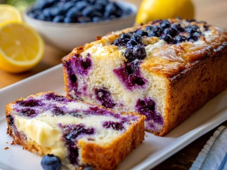 Lemon blueberry cottage cheese bread fresh out of the oven