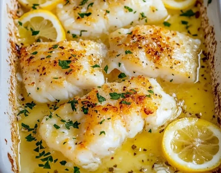 Lemon Butter Baked Cod served with fresh herbs and lemon slices