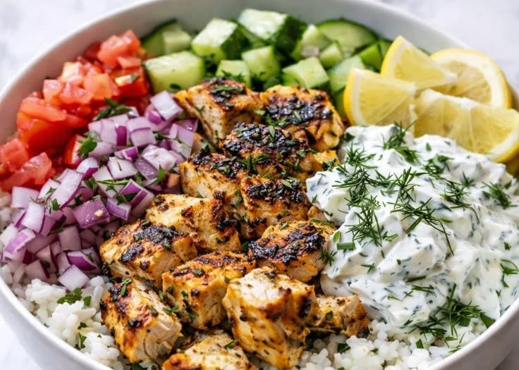 Lemon Dill Chicken Bowl recipe with fresh herbs and vegetables