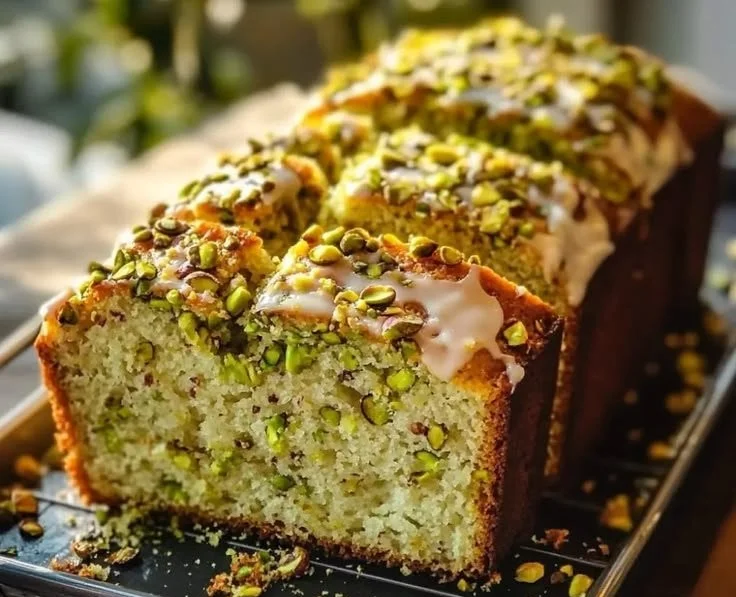 Slice of lemon pistachio bread with fresh lemons and pistachios on a wooden table.