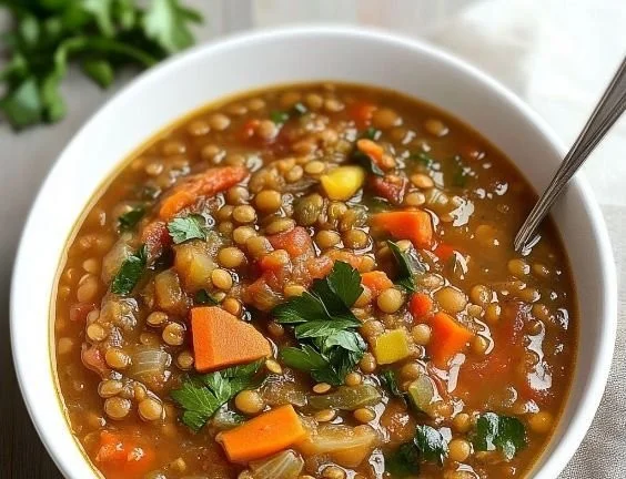 Bowl of hearty lentil soup garnished with fresh herbs and spices