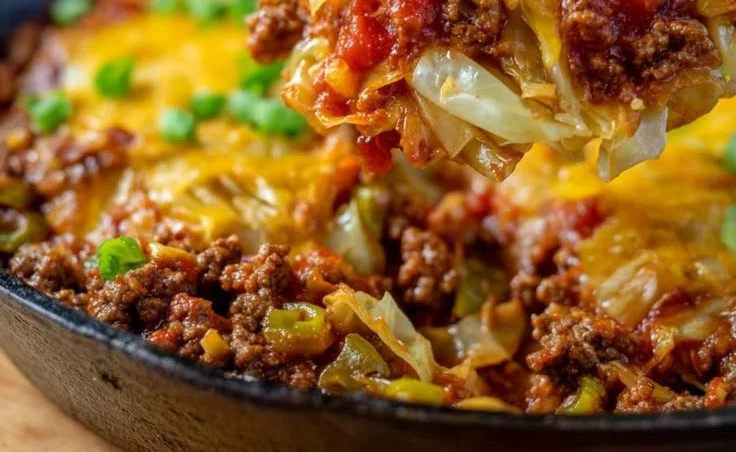 Low carb cabbage casserole dish cooked and served in a bowl