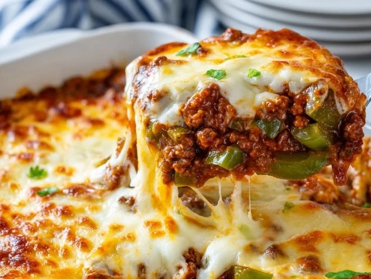 Delicious Low Carb Philly Cheesesteak Casserole served in a dish