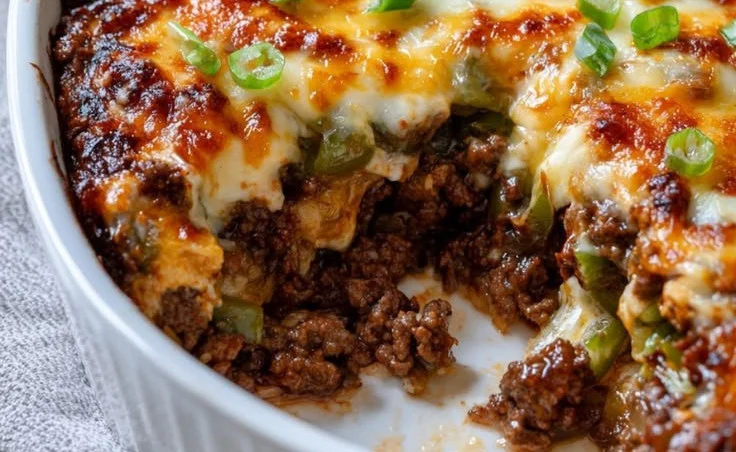 Low Carb Philly Cheesesteak Casserole dish served in a bowl with toppings