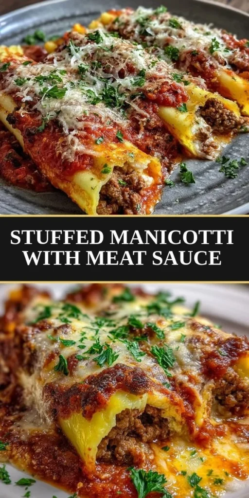 Delicious manicotti stuffed with meat sauce, garnished and baked to perfection.