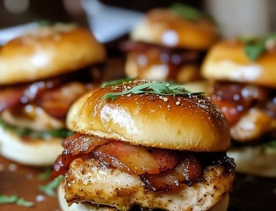 Maple chicken bacon sliders served on a platter for a tasty appetizer.