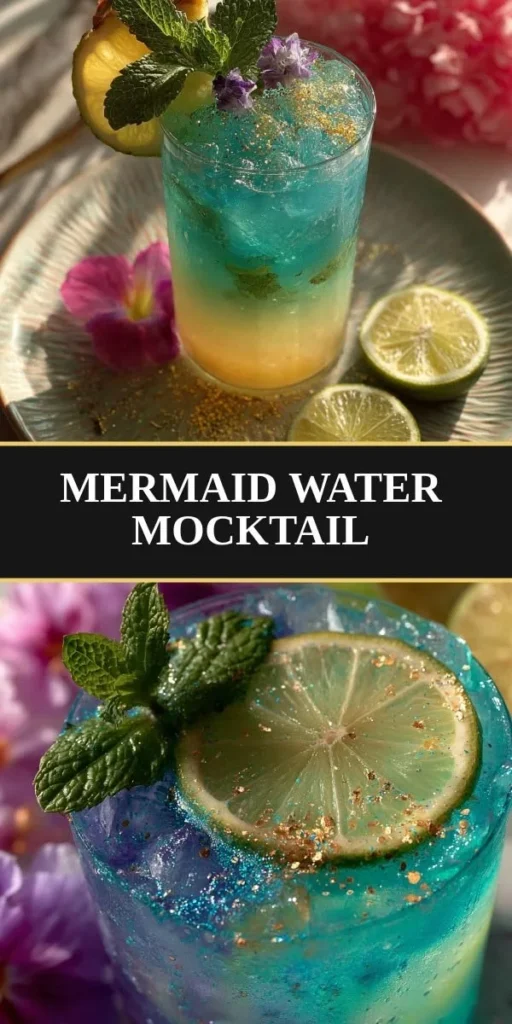 Colorful Mermaid Water mocktail served in a glass with fruits and ice.