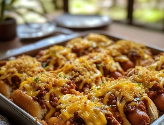 Mini Chili Cheese Dog Sliders topped with melted cheese and chili in a slider bun