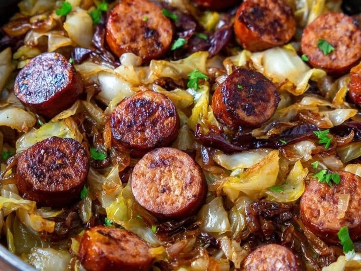 Quick Minute Cabbage and Sausage dish served in a bowl