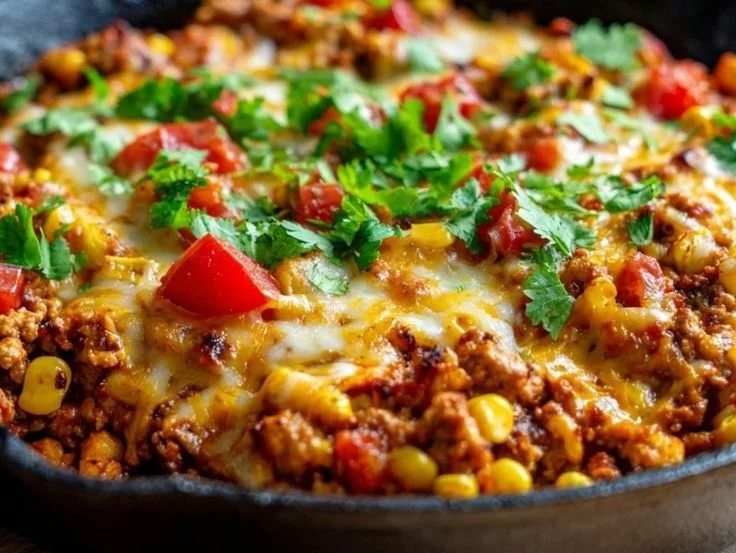 Cheesy ground chicken skillet dish with vegetables and melted cheese