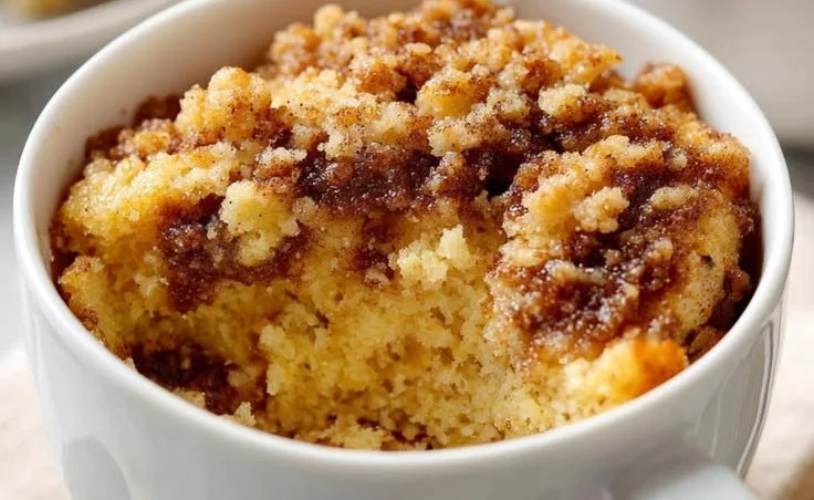 Delicious minute coffee cake mug cake topped with streusel in a mug