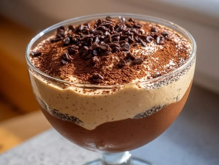 Delicious Minute Dreamy Tiramisu Cottage Cheese Chia Mousse in a dessert bowl