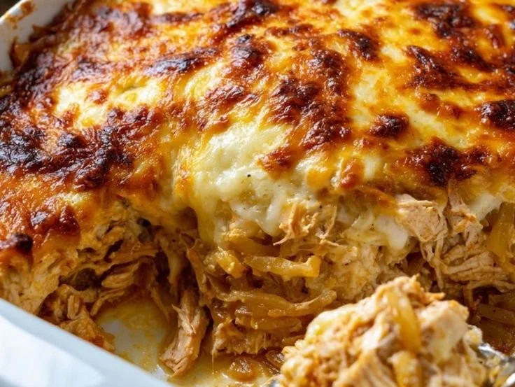 Delicious Minute French Onion Chicken Casserole topped with melted cheese