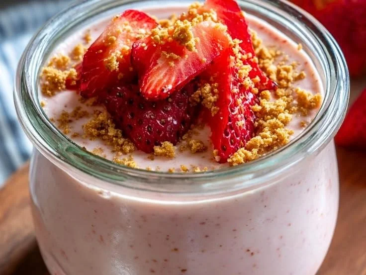 Minute Strawberry Blended Chia Pudding topped with fresh strawberries